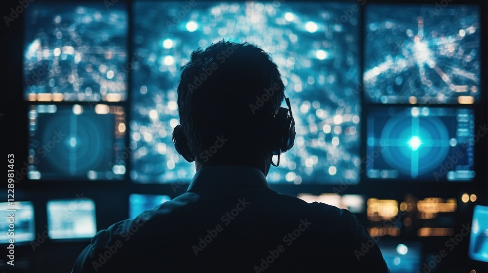 Poster person monitoring data on multiple screens in control room
