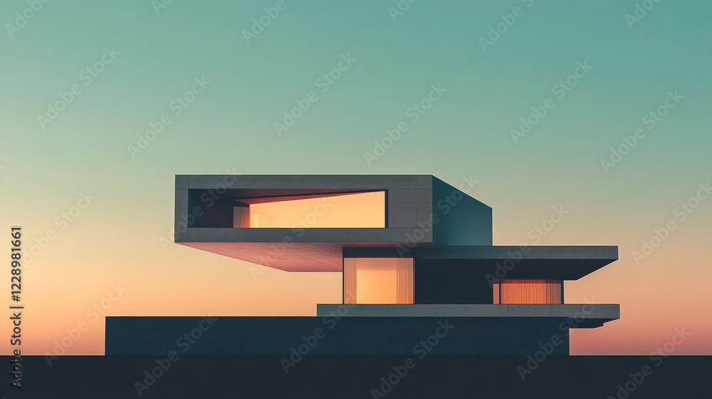 Poster modern architectural design with floating elements at sunset