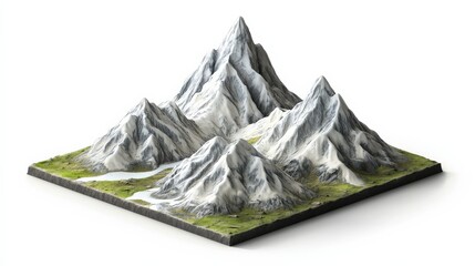 Naklejka premium Detailed 3D mountain landscape model with snow-capped peaks and green valleys