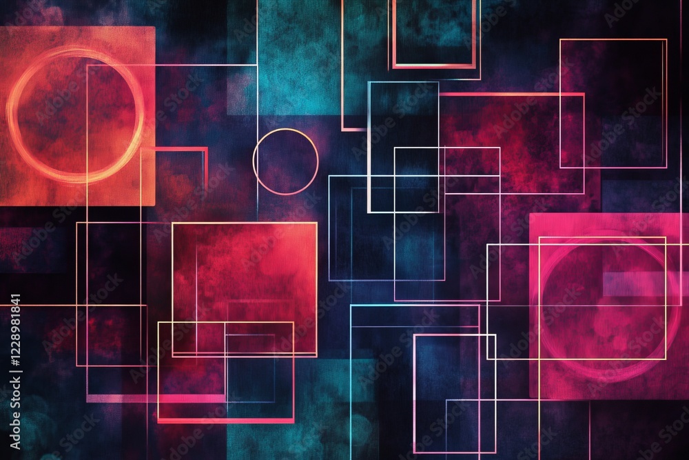 Poster Abstract Geometric Background with Vibrant Squares and Circles in a Dynamic Color Palette