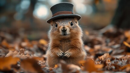 A Cute Prairie Dog Wearing A Tiny Top Hat Sits Amidst Autumn Leaves. The Image Evokes A Whimsical And Charming Autumnal Atmosphere.
