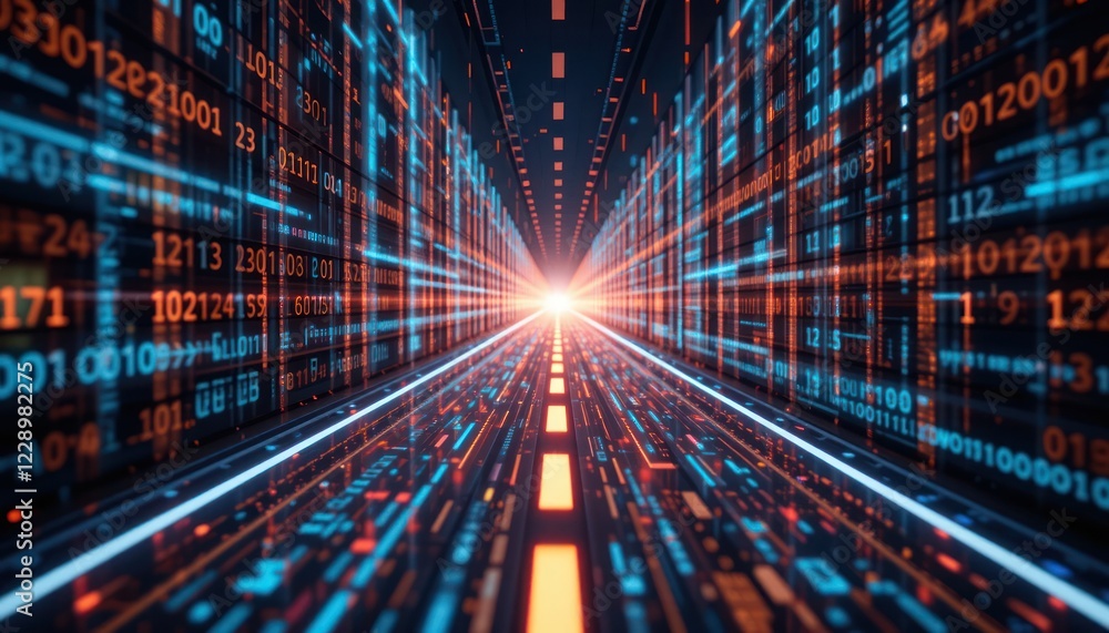 Poster data highway futuristic digital tunnel, glowing binary code background, technology concept