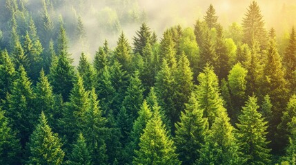 Fototapeta premium Aerial view of lush green coniferous forest in morning mist.