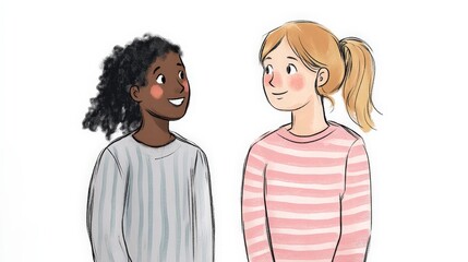 Obraz premium Two Young Girls Smiling Together in Friendly Conversation Illustration