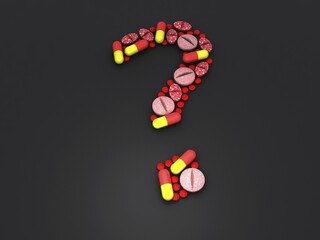 Computer graphics, 3d-render of pharmaceuticals, capsules, pills, tablets, form a question mark