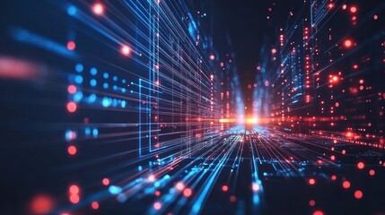 Fototapeta premium Futuristic digital landscape with glowing lines and particles