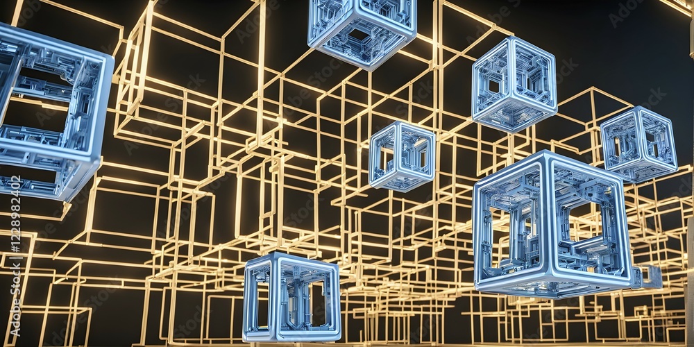 Poster 3d render of a cluster of interconnected geometric cubes forming a complex network, ai generated