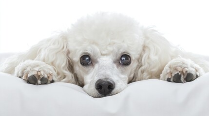Adorable white poodle puppy resting on a white pillow, looking at the camera.