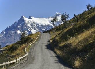 Dirt road through the National Park Torres del Paine, Patagonia, Chile, South America