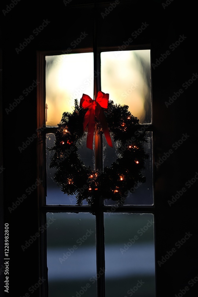 Poster wreath with a red bow is hanging from a window. the wreath is lit up with lights, creating a warm an