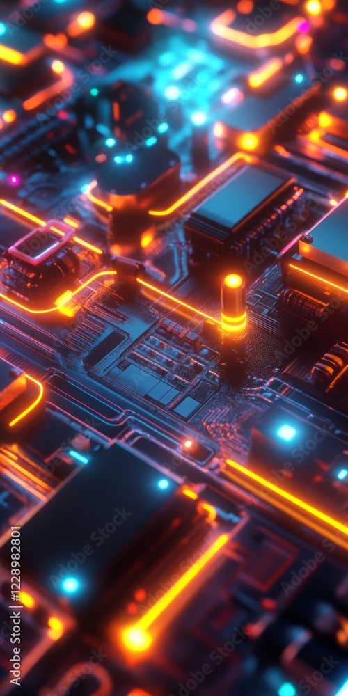 Poster a close up of a computer chip with orange and blue lights. the chip is made up of many small squares