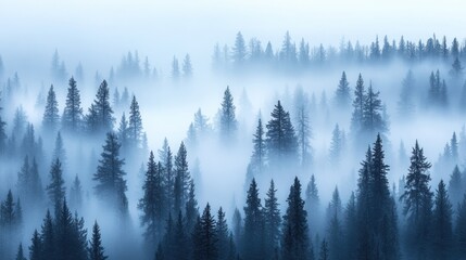 Fototapeta premium Misty forest landscape with evergreen trees shrouded in fog at sunrise.