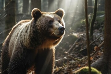 Obraz premium A brown bear in a sunny forest, AI generated