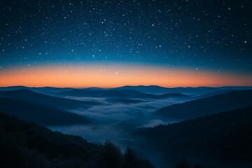 Serene Night Landscape Starry Sky over Misty Mountains