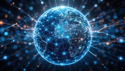 Obraz premium Global network connection, digital earth, glowing lines, data flow, website banner