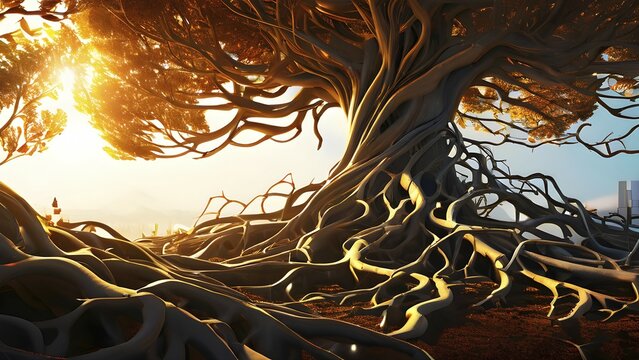 Abstract illustration depicting the branching patterns of tree roots representing natural optimization in structural engineering, AI generated