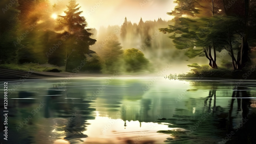 Poster ai generated illustration of a serene lake with reflections on the surface replaced with shimmering 