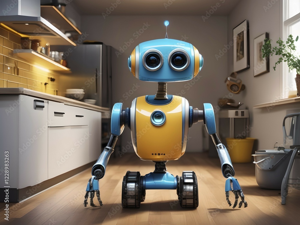 Poster android, robot to help with housework in the kitchen, symbolic image of artificial intelligence repl