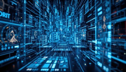 Digital data stream flowing through futuristic city, background glowing screens, tech concept