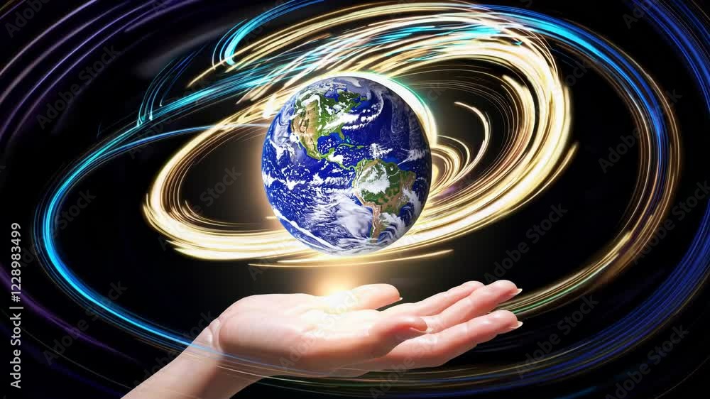 Poster an abstract view of earth floating above an open hand, surrounded by dynamic swirling energy and a s