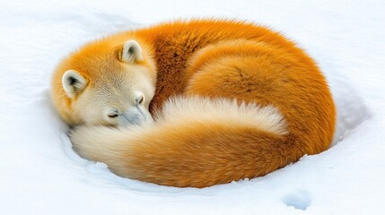 Red panda curled in snow, sleeping peacefully.