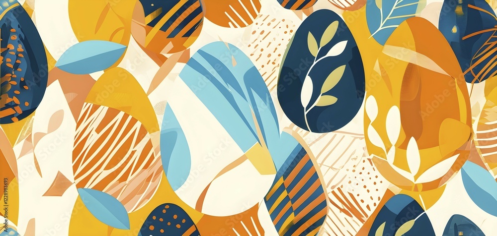 Poster abstract easter egg design with geometric patterns, bold colors, and a mix of textures, creating a m