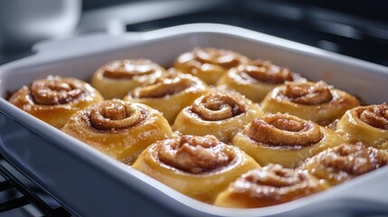 Golden-brown cinnamon rolls in a baking dish.