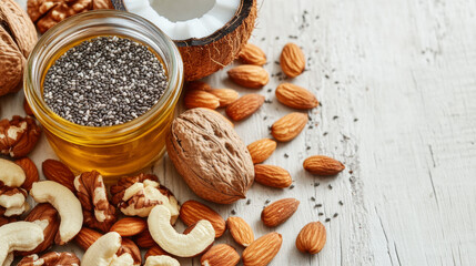 Close up of mixed nuts, chia seeds, and coconut in jar, showcasing healthy ingredients. This vibrant arrangement highlights natural textures and colors of nutritious foods