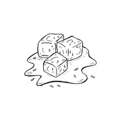 Melted ice cubes hand-drawn doodle line art vector illustration.
