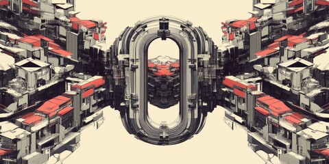 Abstract digital artwork showcasing futuristic architectural elements with symmetry and bold red accents on a neutral backdrop.