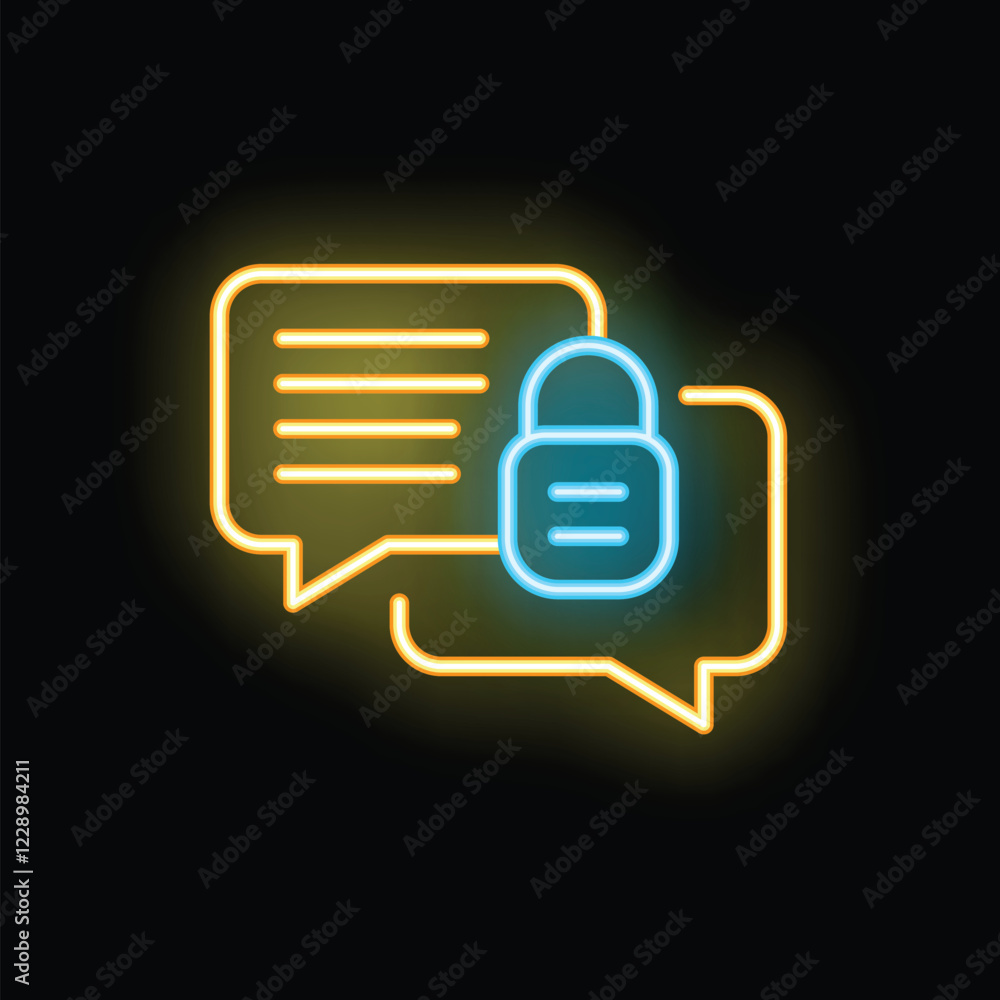 Poster neon icon of chat bubbles with a padlock symbolizing secure and encrypted communication