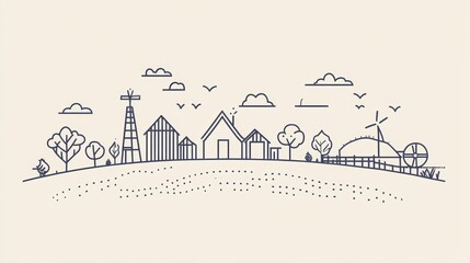 A line drawing of a rural landscape with a windmill and a few houses. The houses are spread out and the windmill is in the middle of the scene