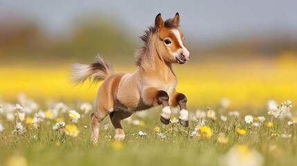 Fototapeta premium Adorable miniature horse foal galloping in a sunny meadow.