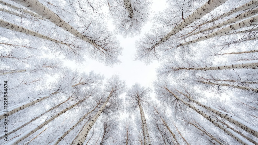 Poster low-angle view of snow-covered birch trees forming a circular pattern in winter.