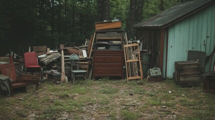 Junkyard pile of discarded furniture and wood outdoors near a shed.