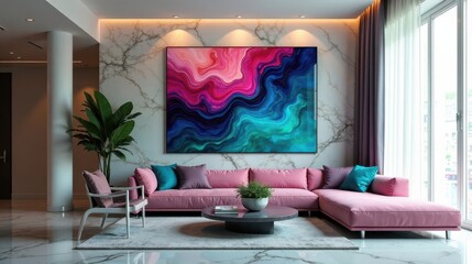 Modern Pink Sectional Sofa in a Luxurious Living Room with Abstract Wall Art and Marble Flooring