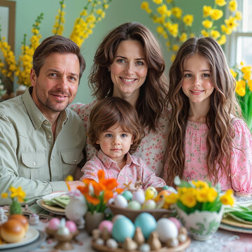 Easter dinner celebration. Festive Easter dinner table. Beautiful holiday setting. Easter dining happiness