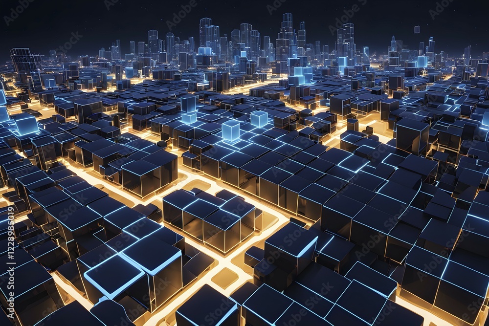 Poster 3d render of a cluster of interconnected geometric cubes forming a complex network, ai generated