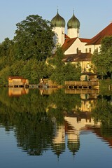 Obraz premium Benedictine Kloster Seeon monastery with monastery church of St. Lambert, Klostersee, Seebruck, Chiemgau, Upper Bavaria, Bavaria, Germany, Europe
