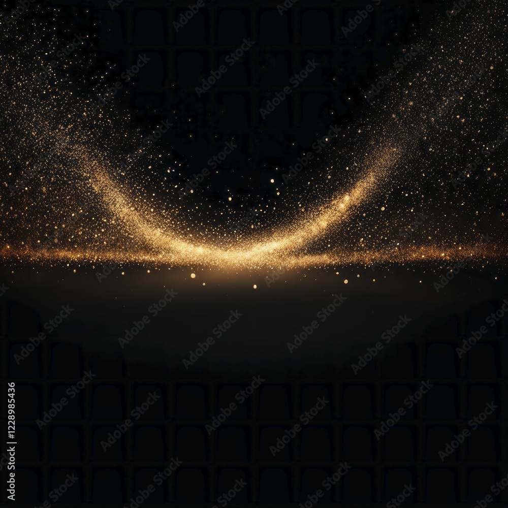 Poster golden particles create an arc shape with a glowing effect on a black background, ai generated