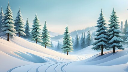 Naklejka premium Abstract winter wonderland with minimalist stylized pine trees and snowdrifts using soft pastel colors and gentle curves, AI generated