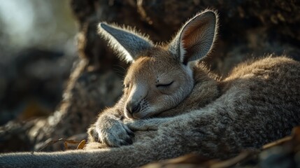 Fototapeta premium A cute joey kangaroo sleeps peacefully curled up, bathed in warm sunlight.