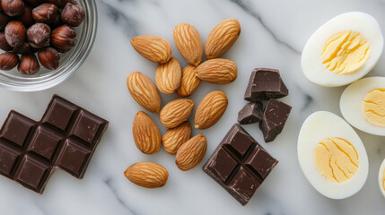 Healthy keto snacks including dark chocolate, almonds, hazelnuts, and boiled eggs arranged on marble surface, showcasing variety of nutritious options for low carb diet