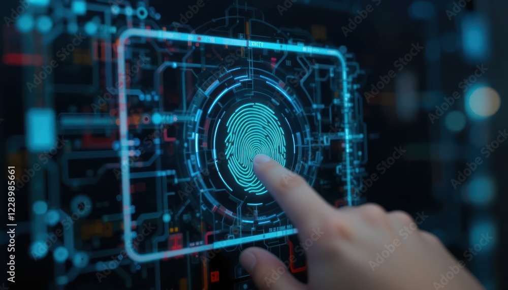Poster finger scans futuristic interface; secure access