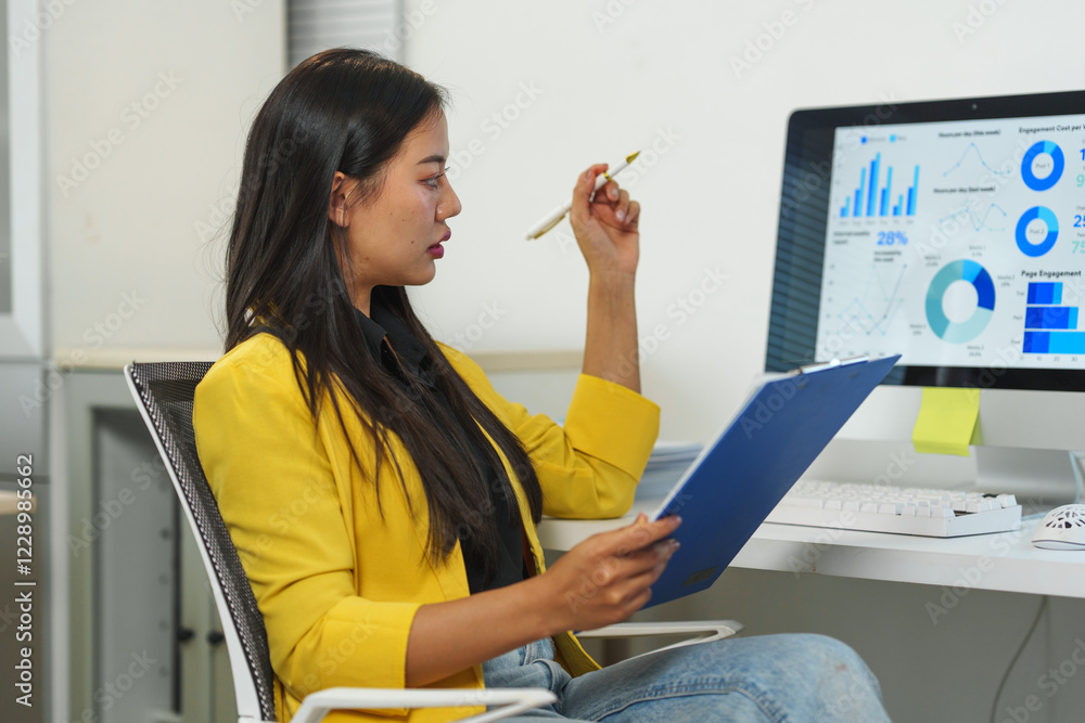 Poster focused businesswoman in a modern office analyzing digital data on a computer screen, holding a pen 