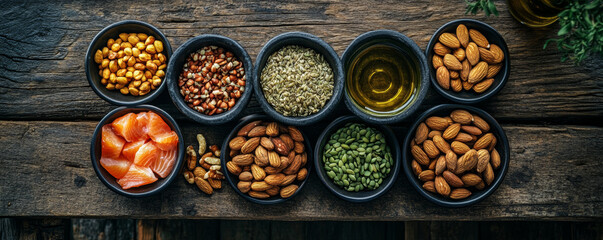 Healthy fats including salmon, nuts, seeds, and oil arranged in bowls on rustic wooden table. This vibrant display promotes heart health and nutritious eating