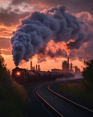 Sunset Silhouette: Freight Train and Industrial Plant Against a Fiery Sky.