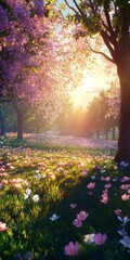 Sunlit Spring Landscape: A Field of Blossoms and Trees at Sunrise, Peaceful Nature Scene