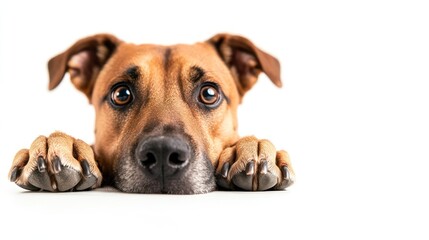 Obraz premium Adorable brown dog resting paws on white background, looking at camera with big, expressive eyes.