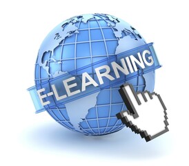 E-learning concept with world and hand cursor, This is a 3d computer generated image. Isolated on white